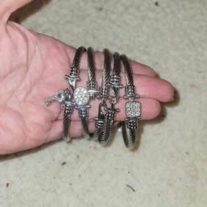 Silver Tone Cable Bangle Bracelet Set Crystal Lock Key Charm Hinged Stackable